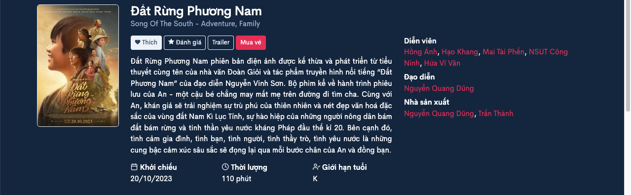 Đặt vé Đất Rừng Phương Nam tại reviewphim.biz với nhiều cụm rạp Cinestar, Starlight, Beta, Mega GS, Dcine, Rio, Touch Cinema, Cinemax, Đống Đa